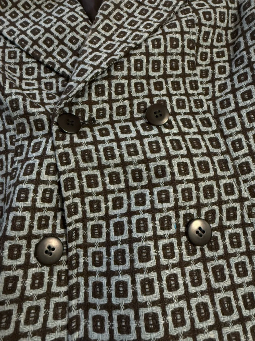 French Chic | Double-Breasted Geometric Print Blazer Jacket - Blue - Picture 3 of 9
